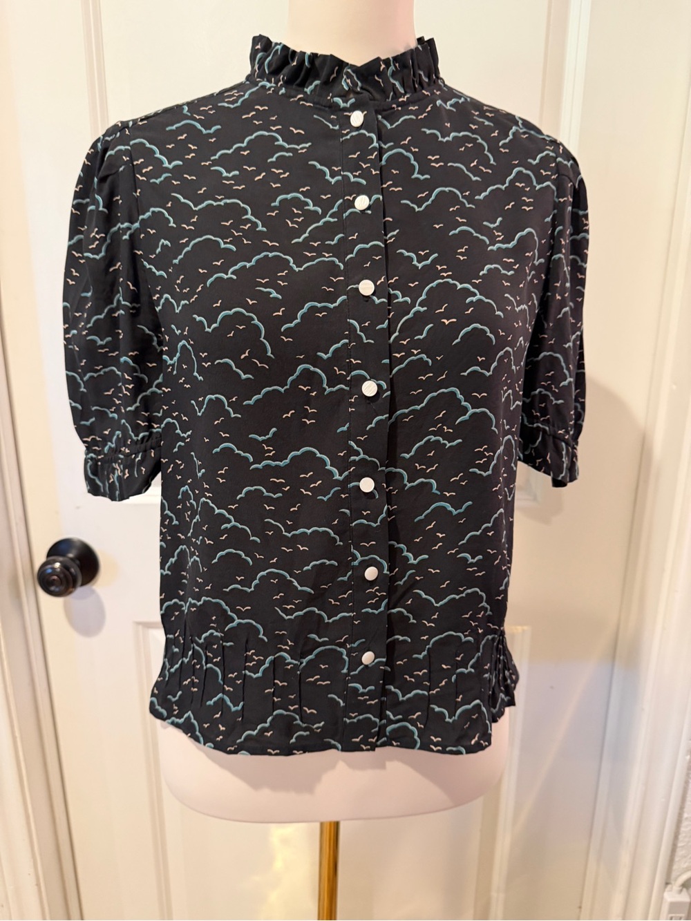 Vintage Marc Jacobs Black Ruffle Collar Blouse with Cloud and Bird Print